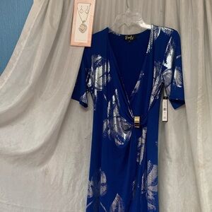 Emily Blue Midi Dress with Silver Floral Metallic Accents